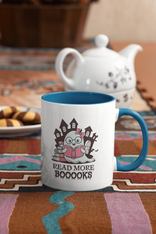 Tasse Céramique Halloween - Mug Anse et Bord Coloré "Cute Ghost Read More Booooks" - Cadeau Parfait pour Amateurs de Livres et Café